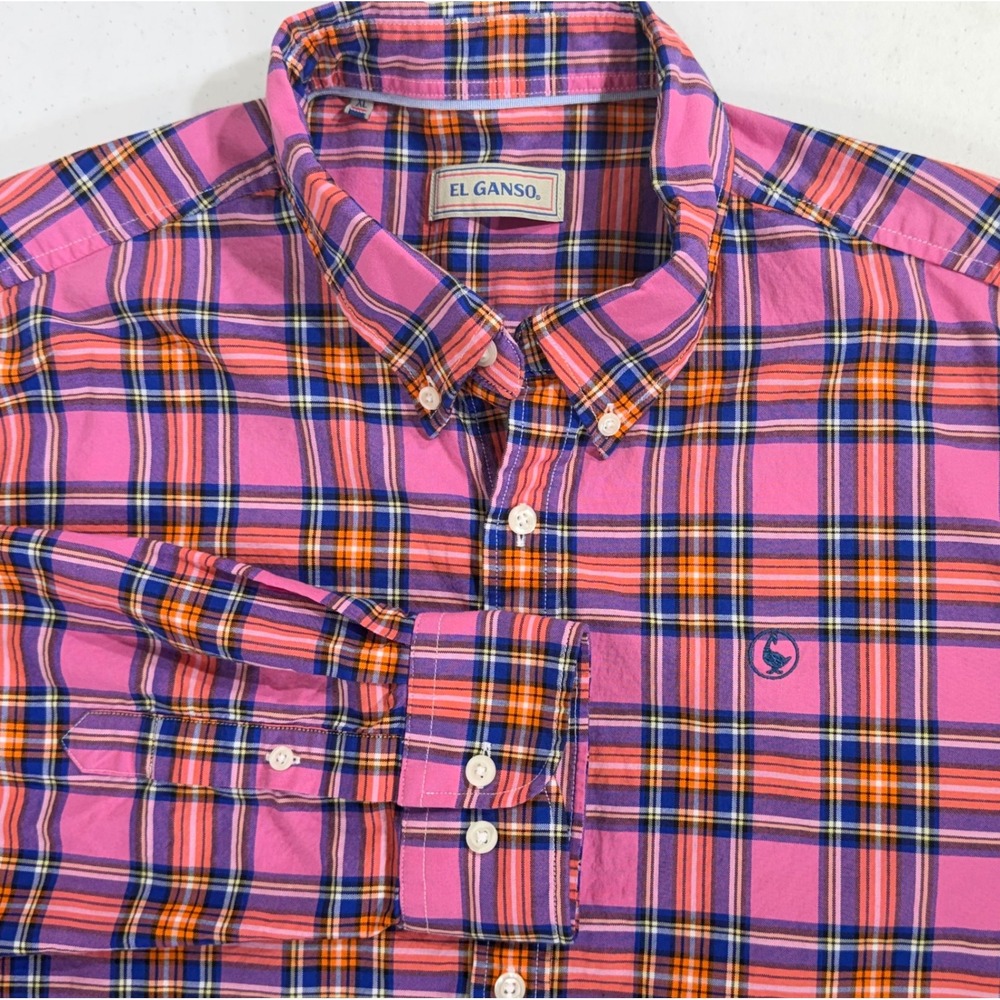 El Ganso Button Down Shirt XL Pink Plaid Madras Long Sleeve Mens Regular Fit